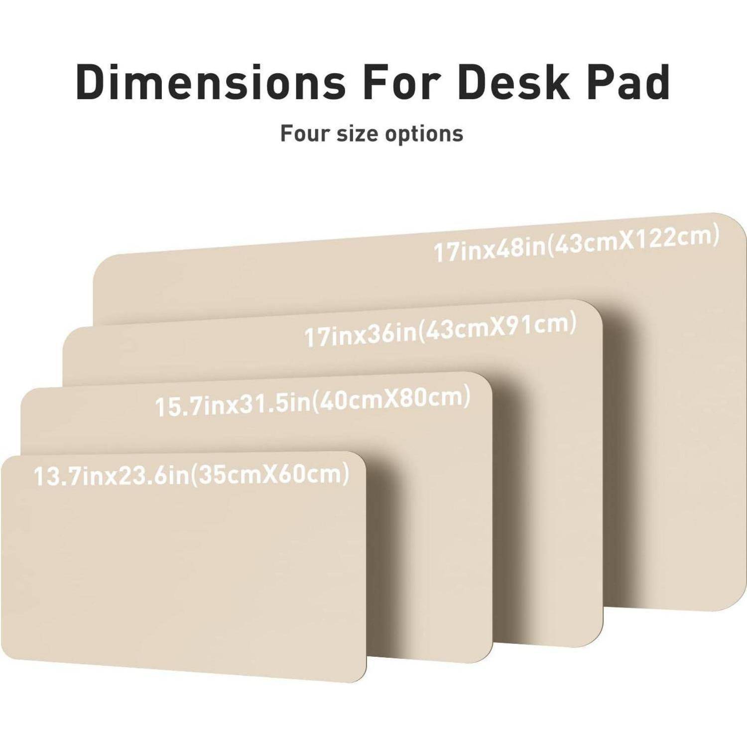 Abmessungen für Schreibtischunterlage: Vier Größenoptionen—13,7 Zoll x 23,6 Zoll (35 cm x 60 cm), 15,7 Zoll x 31,5 Zoll (40 cm x 80 cm), 17 Zoll x 48 Zoll (43 cm x 122 cm).