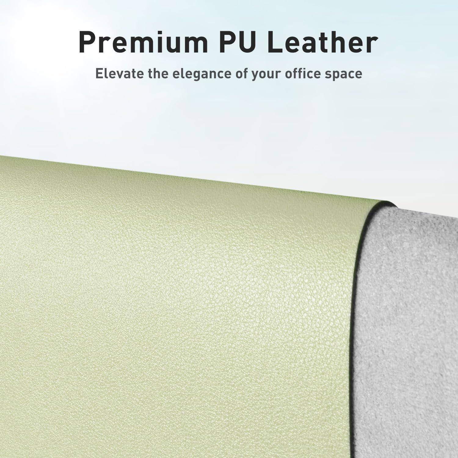 Nahaufnahme einer Rolle aus hellgrünem PU-Leder mit dem Text „Premium PU-Leder: Erhöhen Sie die Eleganz Ihres Büroraums