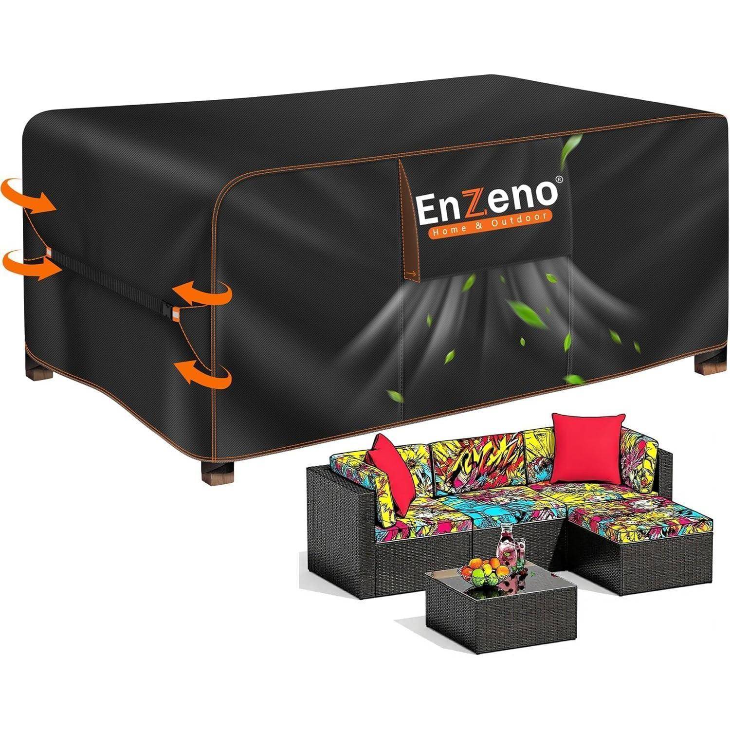 Outdoor-Möbel-Set, das mit einer schwarzen, wetterfesten EnZeno-Abdeckung mit orangefarbenen Nähten und grünem Blattdesign bedeckt ist, wobei die Kissen darunter sichtbar sind.