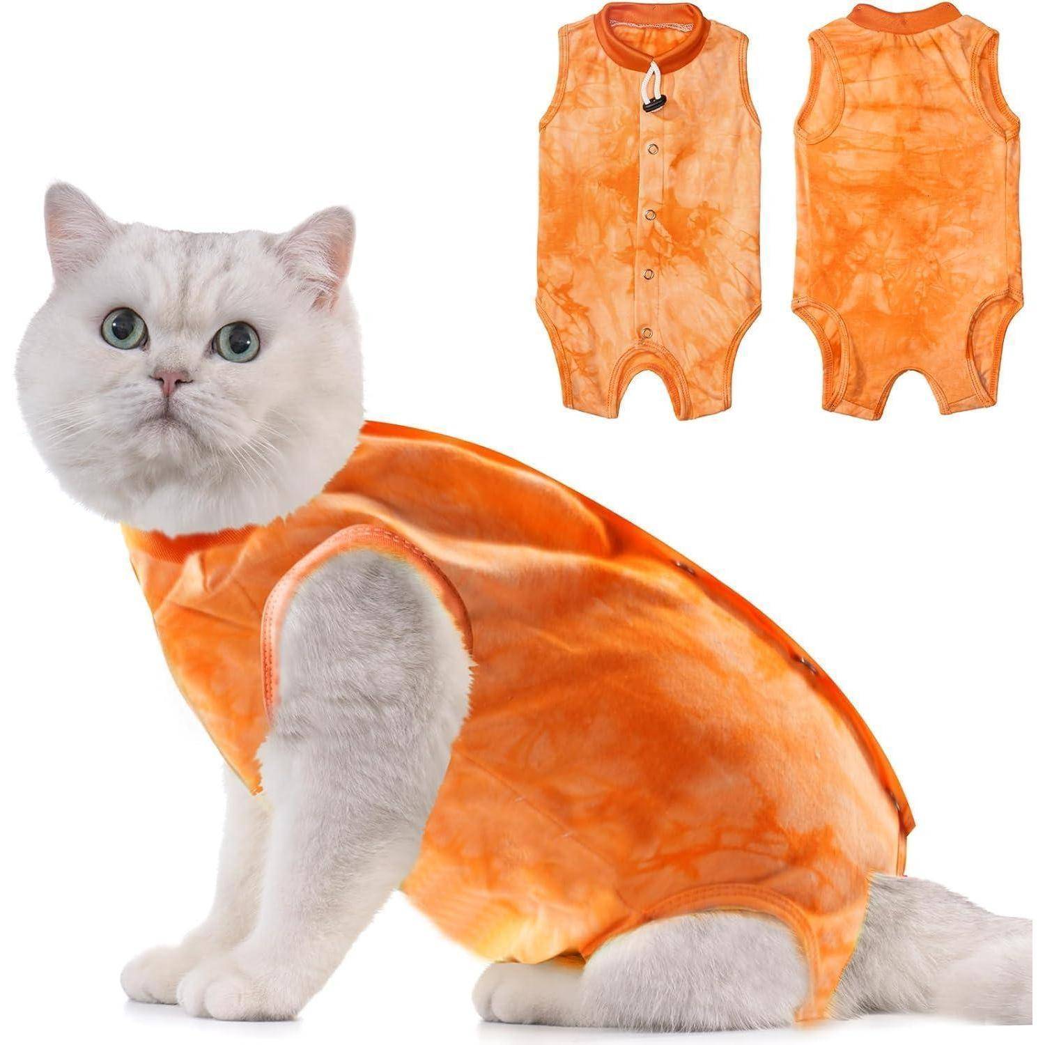 Eine weiße Katze mit einem orangefarbenen Batik-Einteiler sitzt nach vorne gerichtet. Zwei ähnliche Einteiler sind oben dargestellt, von vorne und hinten gezeigt.