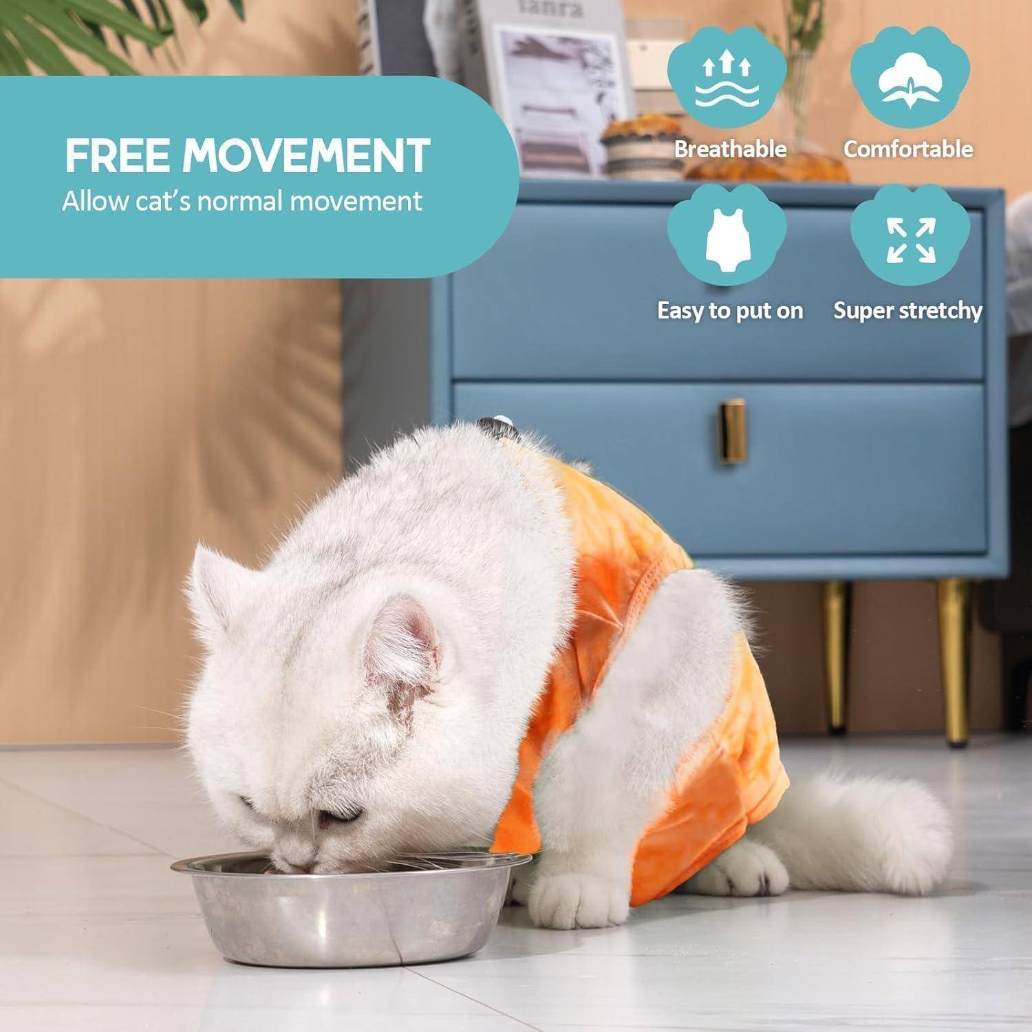Eine Katze trägt eine orangefarbene Weste, die als atmungsaktiv und bequem gekennzeichnet ist, und isst aus einer Schüssel neben einer blauen Kommode. Der Text lautet: „Freie Bewegung: Ermöglichen Sie die normale Bewegung der Katze.