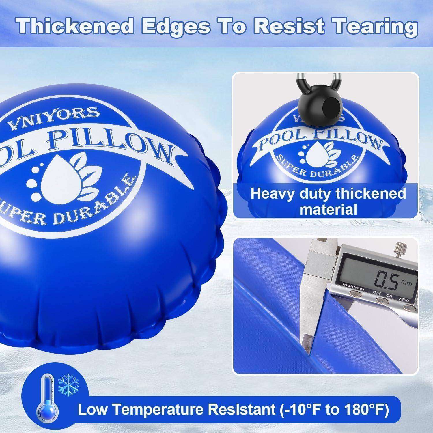 Blauer Pool-Luftkissen mit dem Aufdruck 'Super Haltbar', mit verstärkten Kanten, 0,5 mm Materialstärke und Temperaturbeständigkeit von -10°F bis 180°F.