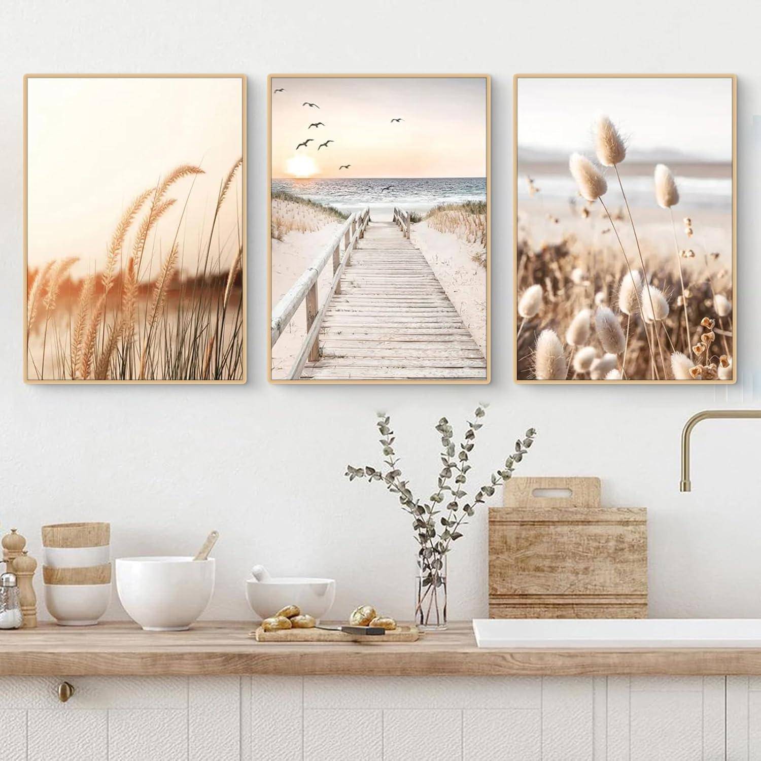 Poster Set Küstenstrand Seevogel Pampasgras Boho A 40x50cm