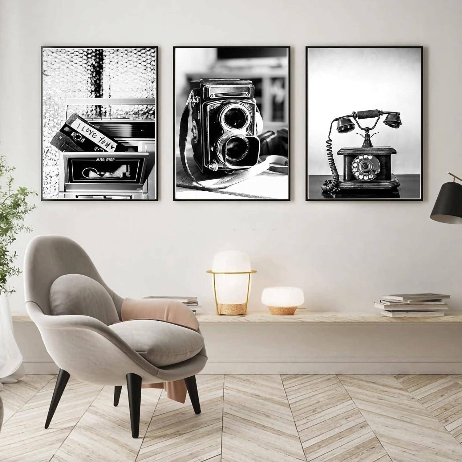Poster 3er Set Wanddeko Schwarz Weiß Kameras Telefone 30x40cm