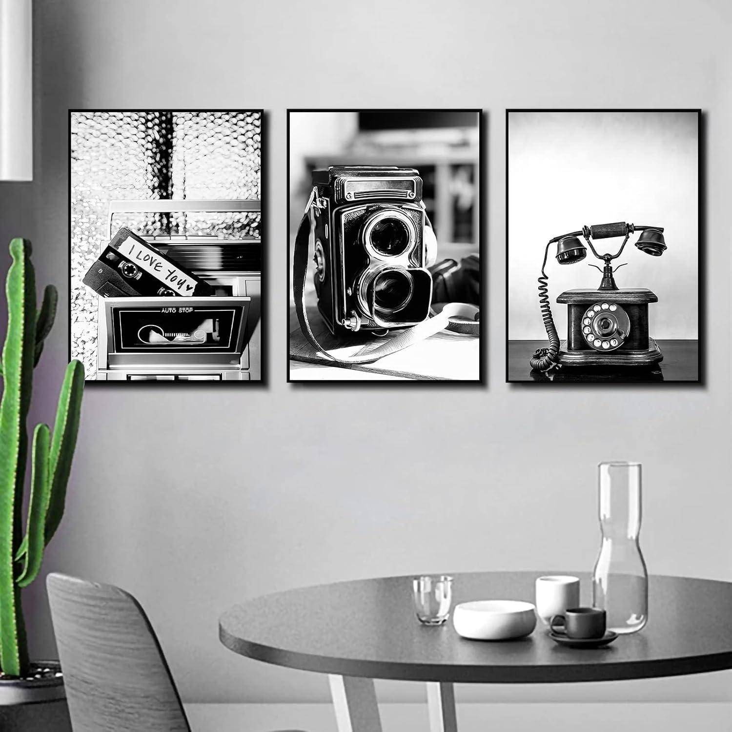 Poster 3er Set Wanddeko Schwarz Weiß Kameras Telefone 30x40cm