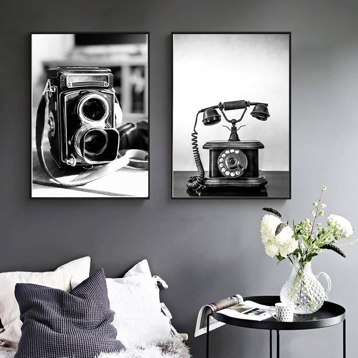 Poster 3er Set Wanddeko Schwarz Weiß Kameras Telefone 30x40cm