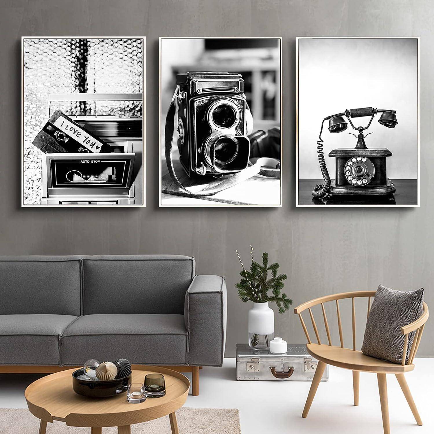 Poster 3er Set Wanddeko Schwarz Weiß Kameras Telefone 30x40cm