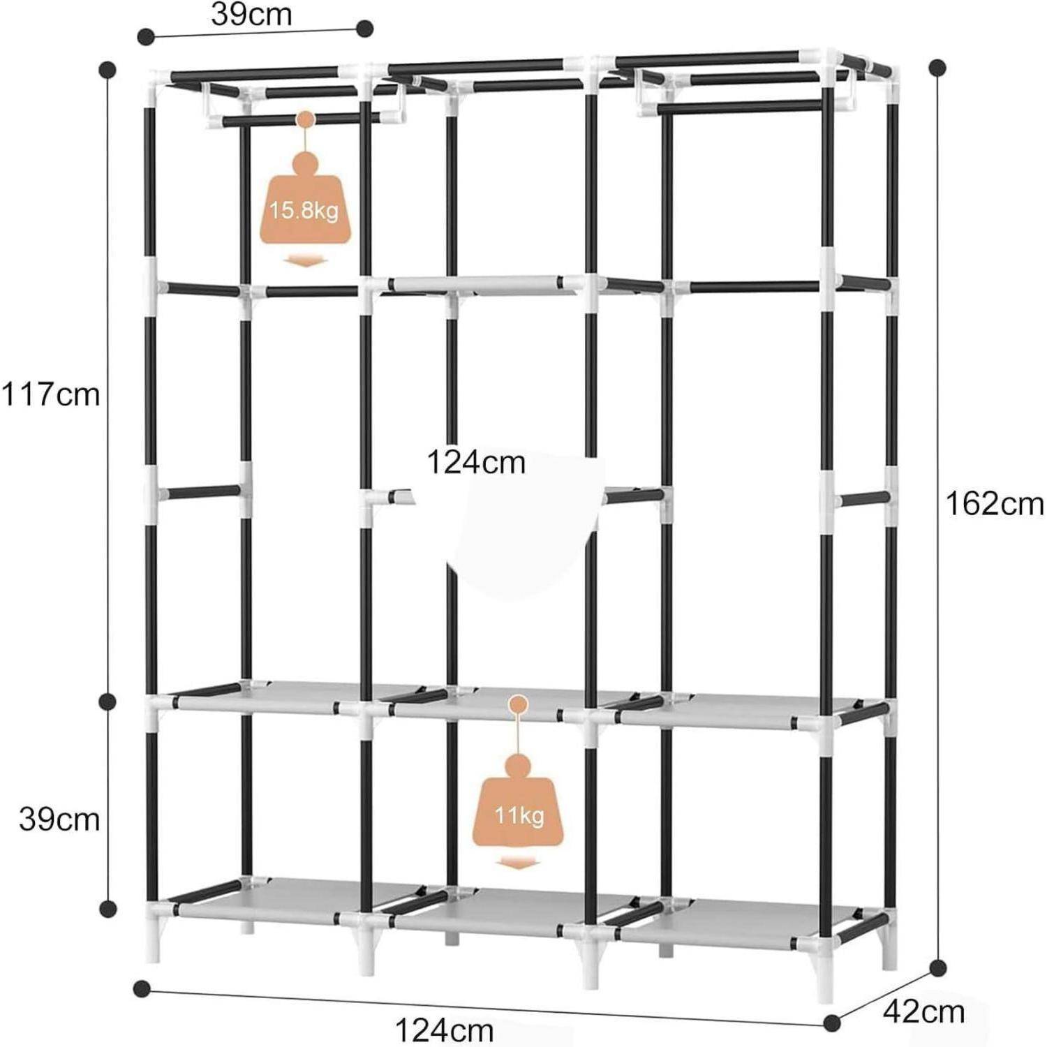 Ein Metallregal mit einer Höhe von 162 cm, einer Breite von 124 cm und einer Tiefe von 42 cm, dessen Regale Gewichte von 15,8 kg und 11 kg tragen können.