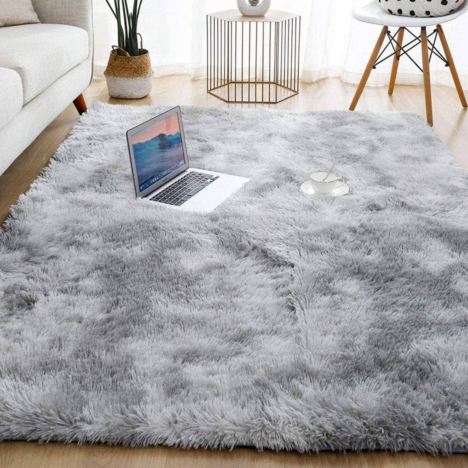 Teppich Shaggy Langflor Rutschfest Kinder Grau Weiß 80*120cm