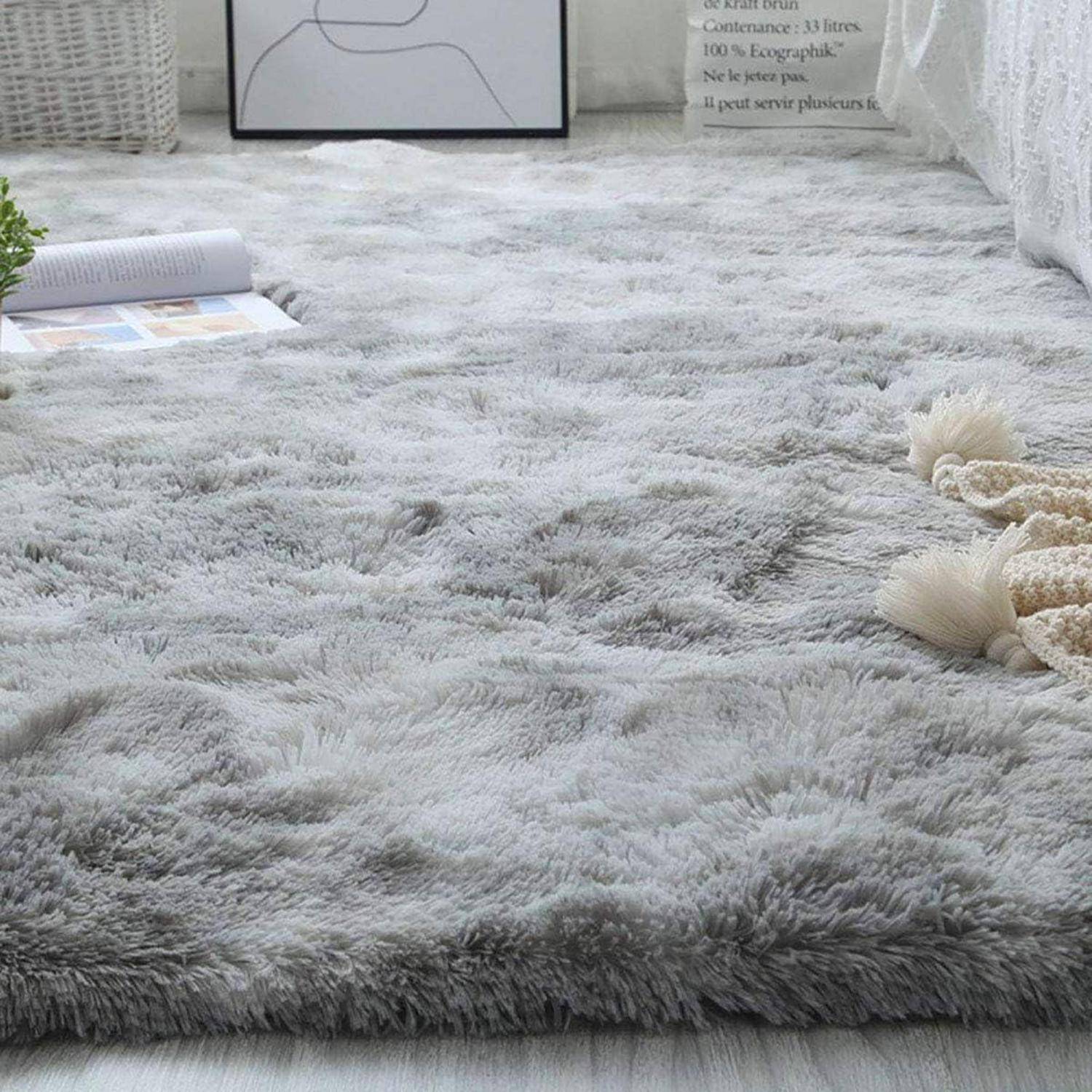 Teppich Shaggy Langflor Rutschfest Wohnzimmer Grau Weiß 140*200cm