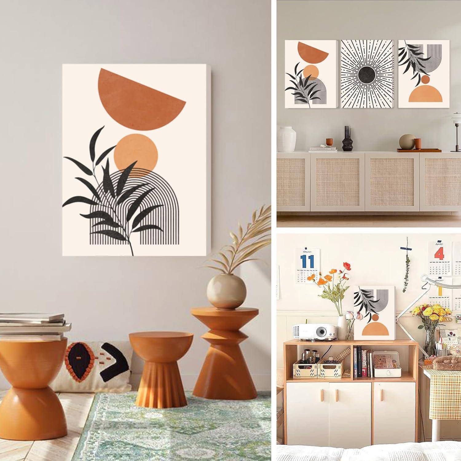 Ein moderner Wohnraum zeigt abstrakte Kunst mit geometrischen Formen und Pflanzen, kombiniert mit minimalistischer Einrichtung und Holzmöbeln.