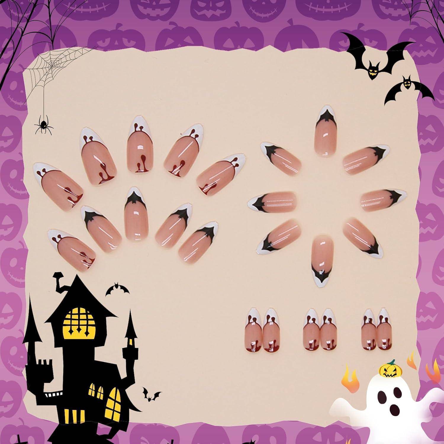 Nägel 24 Halloween Mandel French Mittel Aufkleben Fledermäuse und Blut