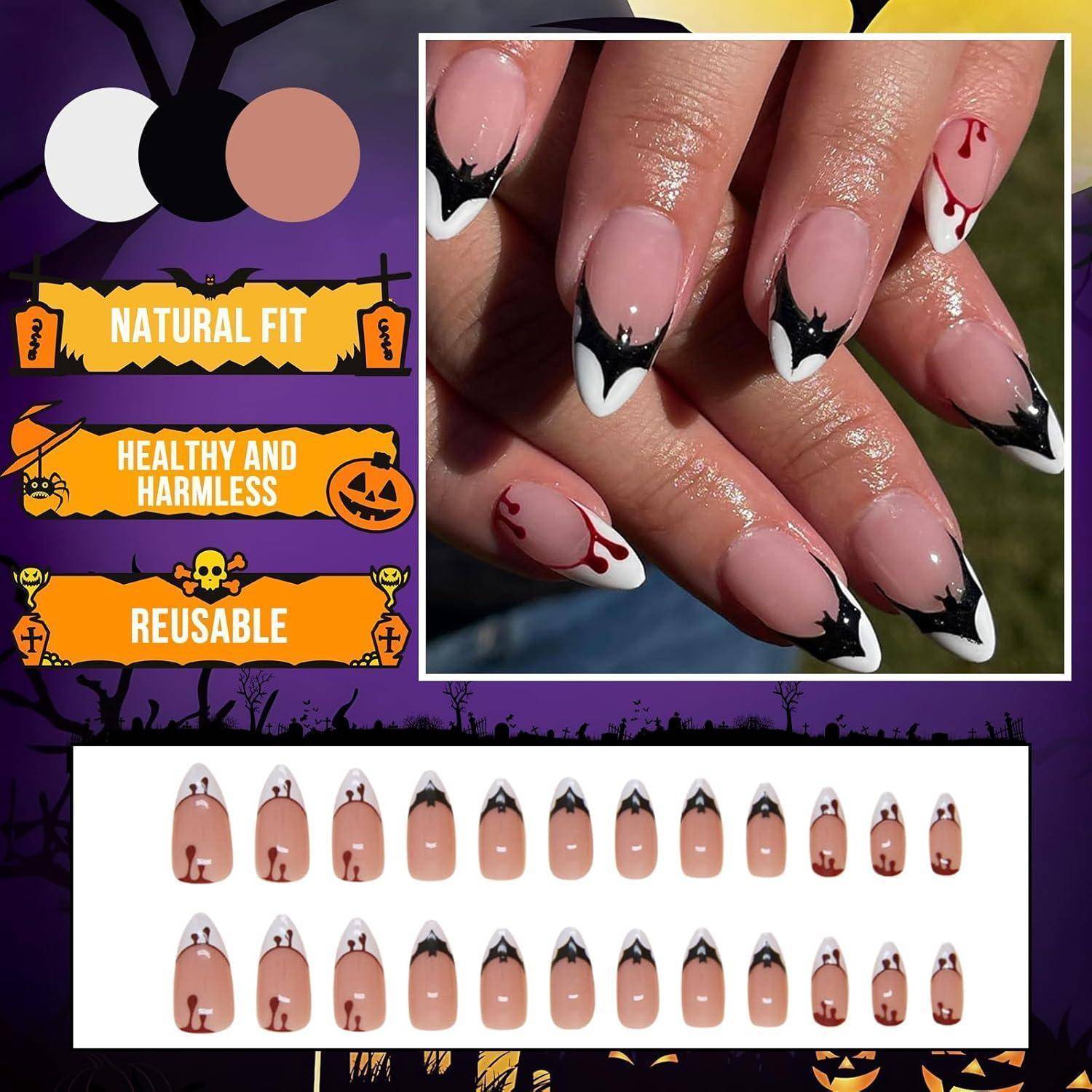 Nägel 24 Halloween Mandel French Mittel Aufkleben Fledermäuse und Blut