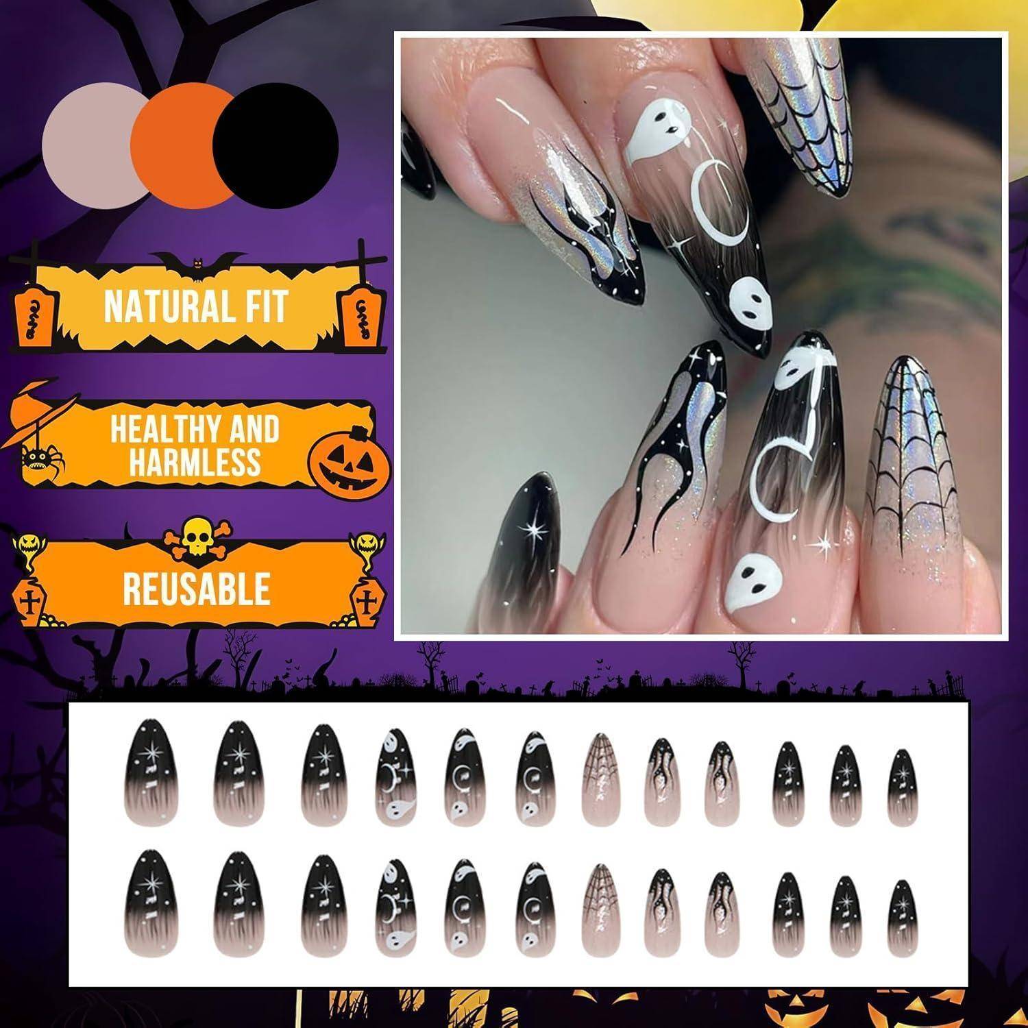 Fingernägel 24 Stück Halloween Black French Mandel Niedlicher Geist