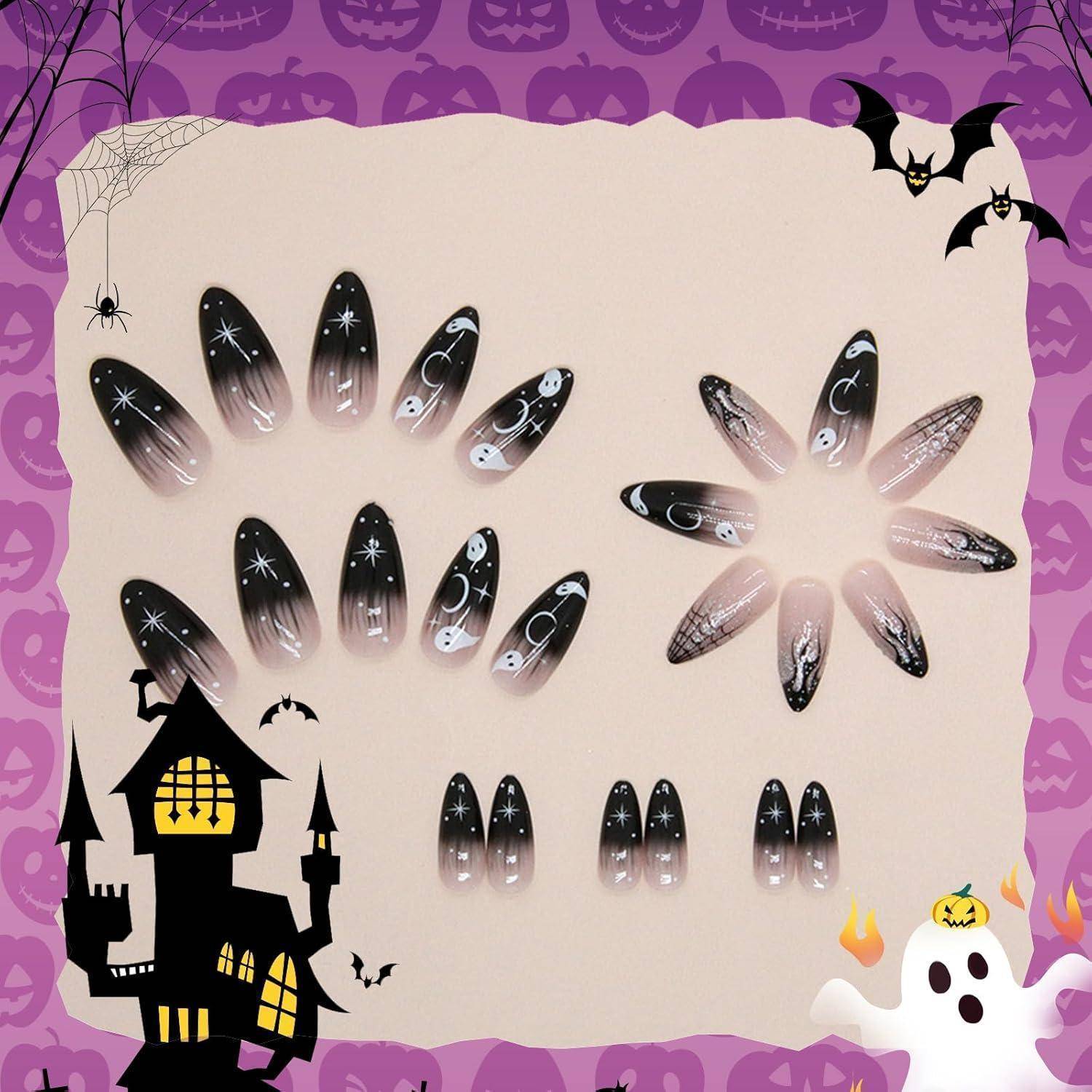 Fingernägel 24 Stück Halloween Black French Mandel Niedlicher Geist