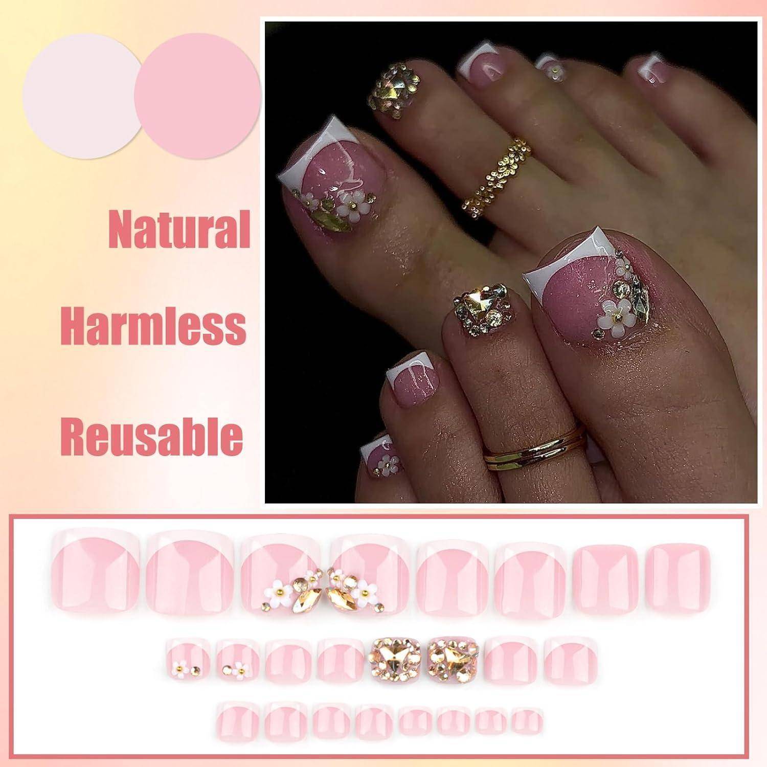 Zehennägel Acryl Fullcover Quadratisch Kurz 24er 12 Blumen & Strass