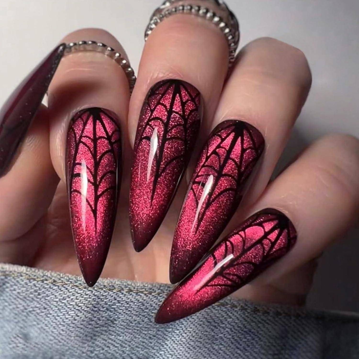 Kunstnägel Aufkleben Halloween Acryl Mandel Lang 24 Rotes Spinnennetz