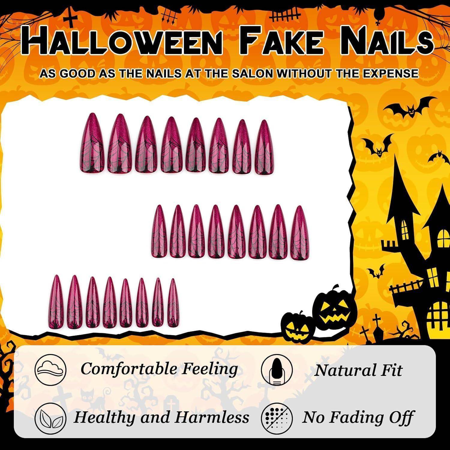 Kunstnägel Aufkleben Halloween Acryl Mandel Lang 24 Rotes Spinnennetz