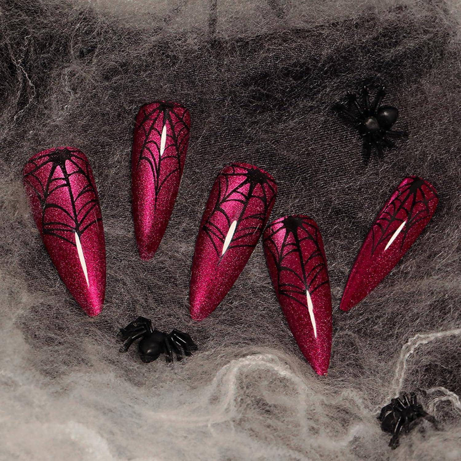 Kunstnägel Aufkleben Halloween Acryl Mandel Lang 24 Rotes Spinnennetz