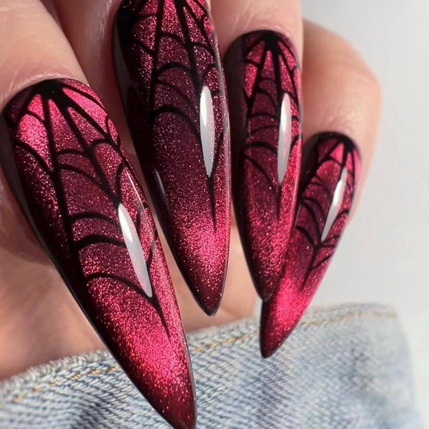 Kunstnägel Aufkleben Halloween Acryl Mandel Lang 24 Rotes Spinnennetz