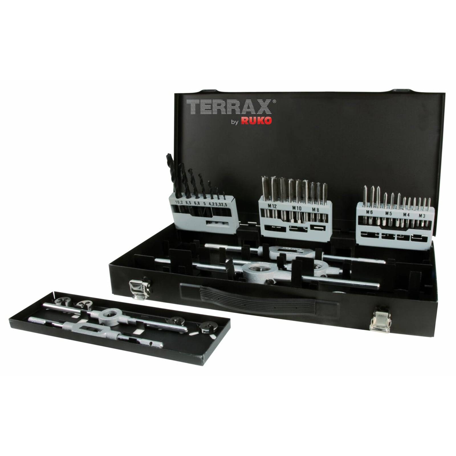 Gewindebohrer- und Schneideisensatz in einem schwarzen Koffer mit der Aufschrift 