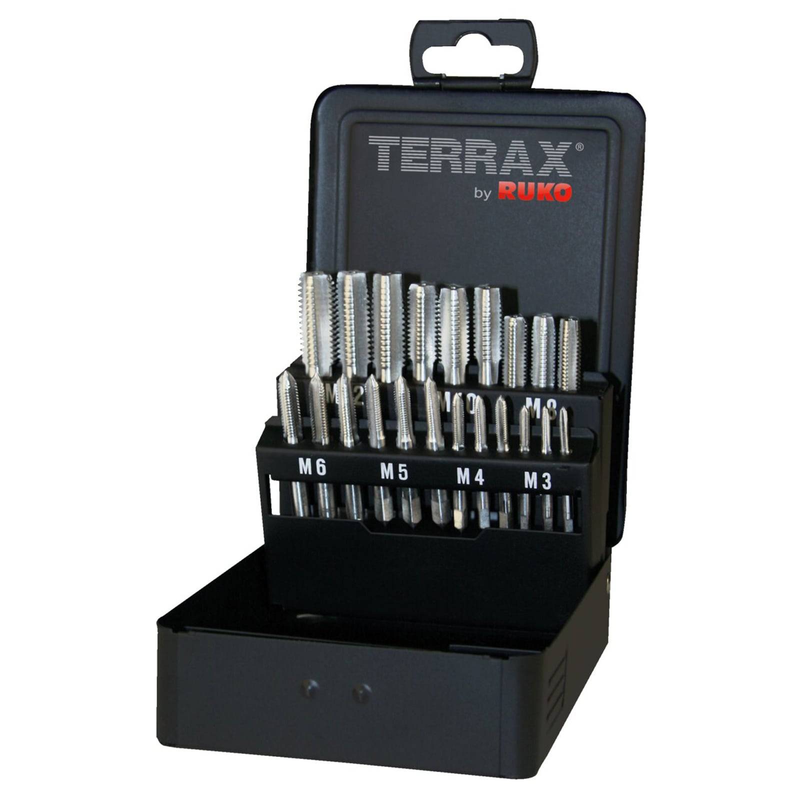 Ein Satz Terrax Gewindebohrer, Größen M3 bis M6, präsentiert in einer schwarzen Schatulle. Die Gewindebohrer sind nach Größe sortiert und dienen zum Schneiden von Gewinden in Löchern.
