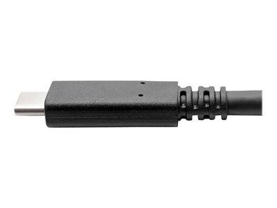 Nahaufnahme eines USB-C-Kabels, die den Stecker und einen Teil des schwarzen Gehäuses vor einem weißen Hintergrund zeigt.