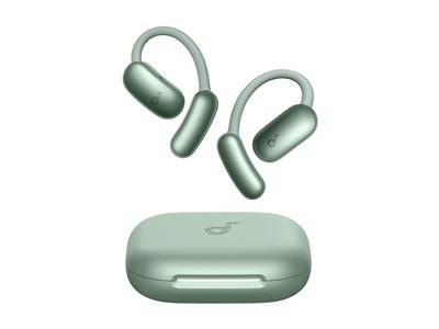 Grüne kabellose Ohrhörer mit Ohrbügeln und passendem Ladegehäuse.