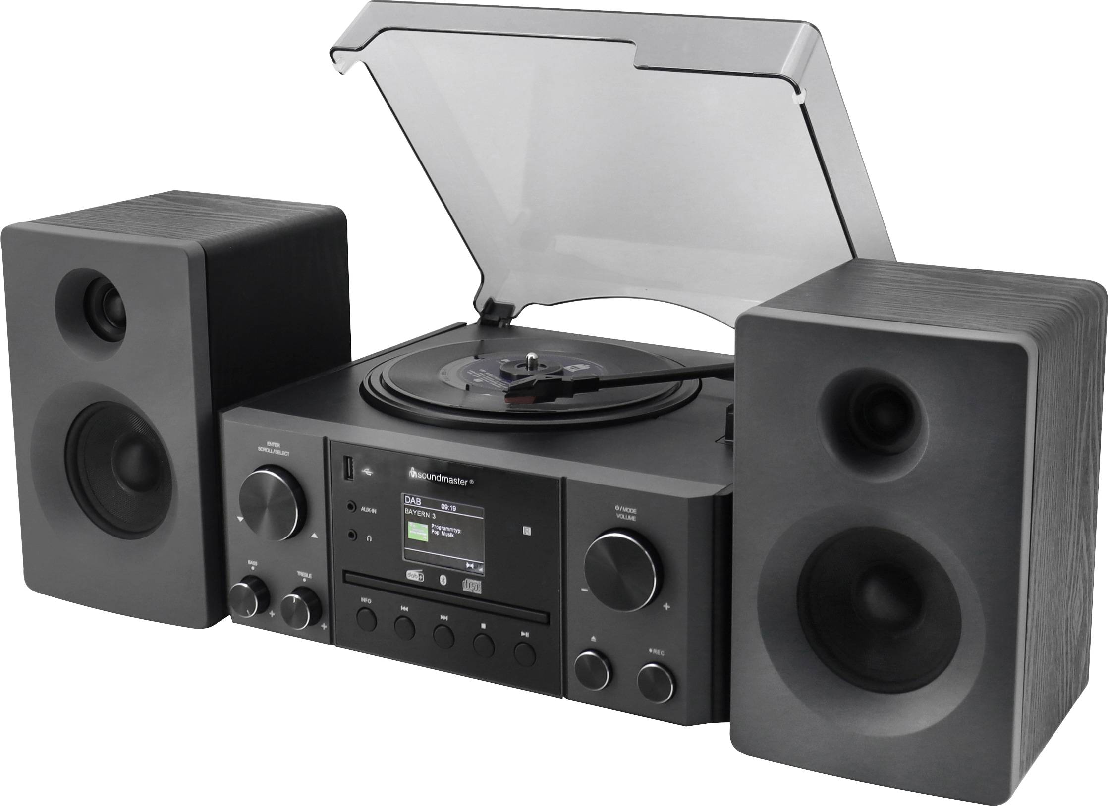 SOUNDMASTER Musikcenter Elite Line MCD1950SW, Plattenspieler, CD, Bluetooth, DAB+, MP3, 2x 10 W, Schwarz