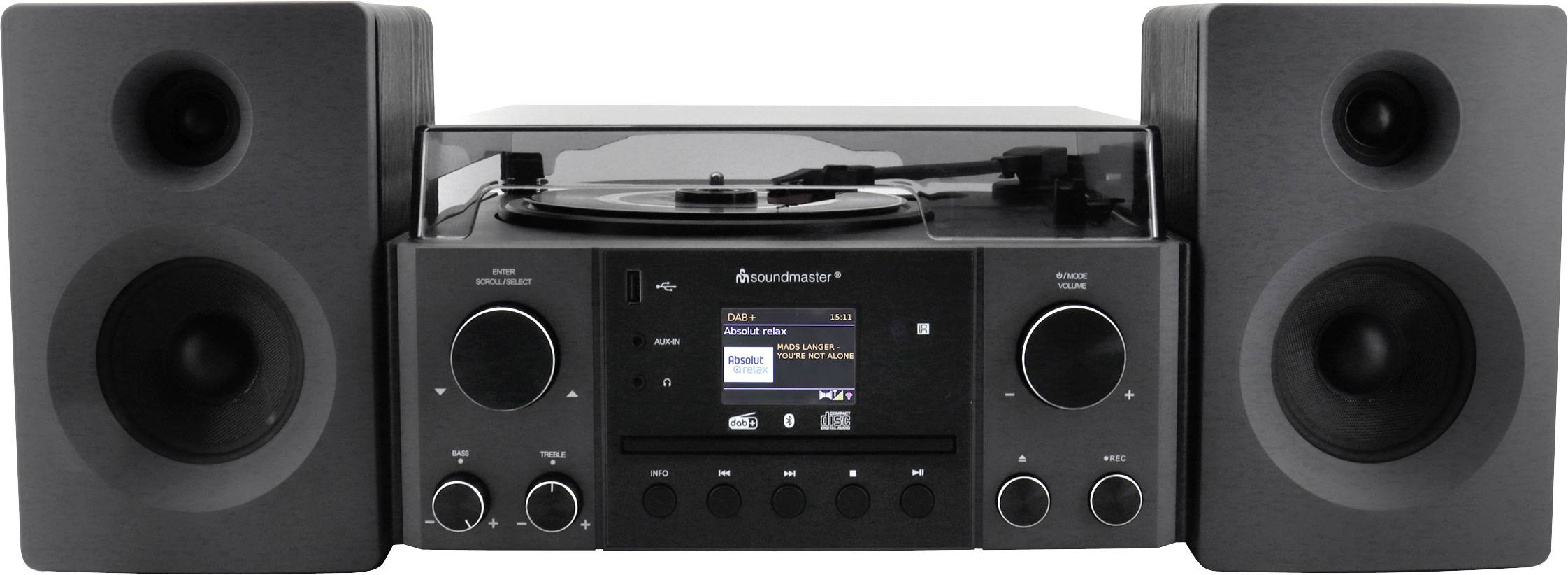 SOUNDMASTER Musikcenter Elite Line MCD1950SW, Plattenspieler, CD, Bluetooth, DAB+, MP3, 2x 10 W, Schwarz