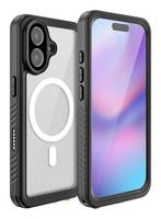 Ein Smartphone mit einem schwarzen, robusten Gehäuse, das auf der Rückseite ein kreisförmiges MagSafe-Muster aufweist. Der Bildschirm zeigt ein Farbverlaufsdesign.