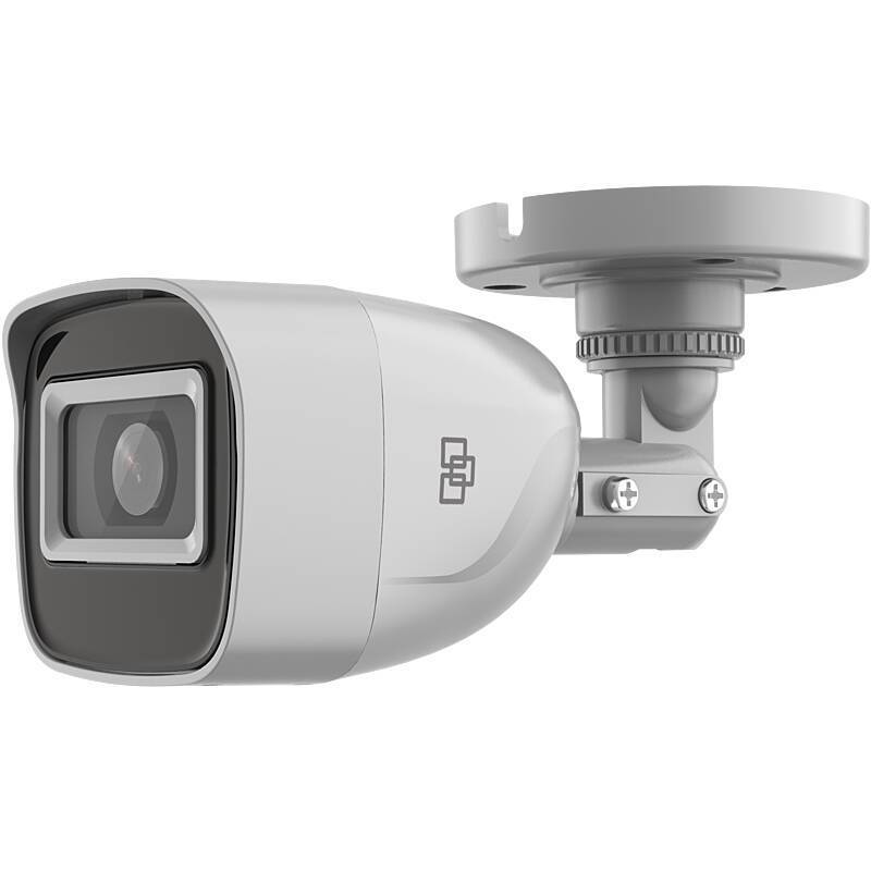 Eine Sicherheitskamera mit elegantem, modernem Design. Ihr Gehäuse ist weiß mit einer schwarzen Linse, montiert auf einem schwenkbaren Halterungsarm für flexible Positionierung.