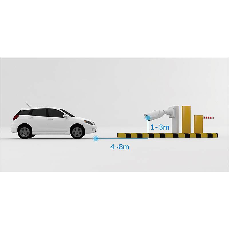 Ein weißes Auto nähert sich einer Schranke mit einem Kamerasystem, wobei die erforderlichen Erkennungsdistanzen angegeben sind: 4-8 Meter vom Auto entfernt, 1-3 Meter von der Schranke.