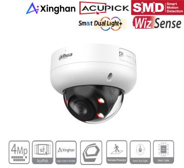 Dahua-Kuppel-Sicherheitskamera mit Xinghan, ACuPick, SMD, WizSense, Smart Dual Light+ und 4MP-Funktionsabzeichen, die oben und unten angezeigt werden.