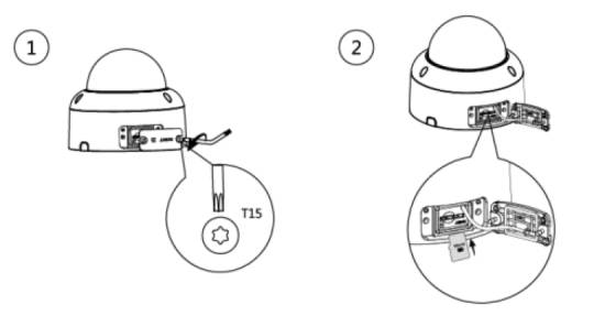 Zweistufiges Diagramm, das die Kabelverbindung einer Domenkamera zeigt: Schritt 1 führt ein T15-Werkzeug in den Stecker ein; Schritt 2 sichert die Kameraverdrahtung in der Basis.