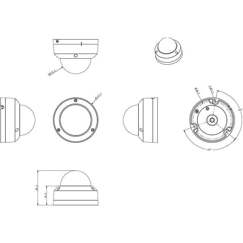 „Technisches Diagramm einer Kuppelsicherheitskamera mit mehreren Ansichten einschließlich Vorder-, Seiten-, Draufsicht und Unteransicht sowie Maßstäben und Beschriftungen.