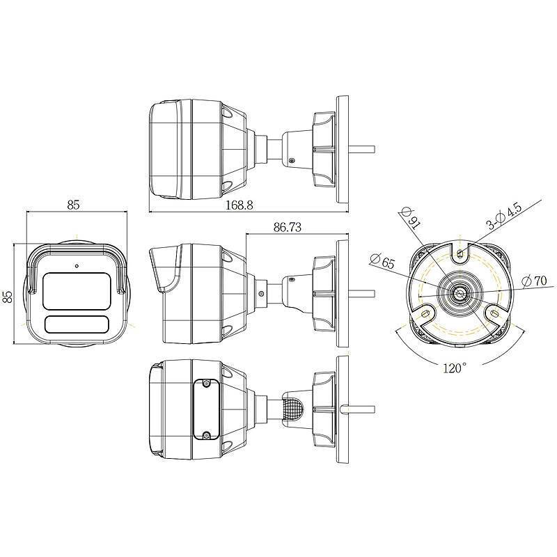 Technische Zeichnung einer Überwachungskamera mit Seiten-, Frontal- und Draufsicht. Abmessungen und Winkel sind markiert und zeigen Messwerte und Merkmale.