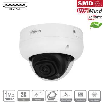 Dahua Domenkamera für Sicherheit mit HDMI-Anschluss, SMD, WizMind, AcuPick und ePoE-Funktionen, sowie 4MP, 2K und Analyseicons.