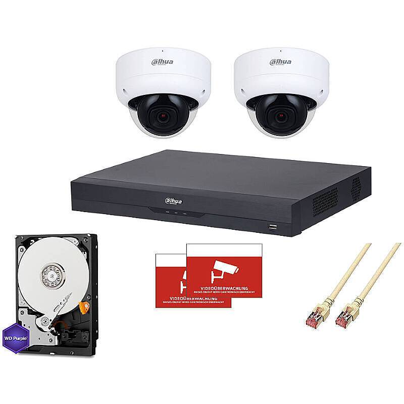 Dahua Set IP 2x Dome 4K PoE + 8-CH NVR, Set-Inhalt:2x Aufkleber, NVR Rekorder, 4 TB Festplatte, 2x Dome Kamera, 2x 30 M
