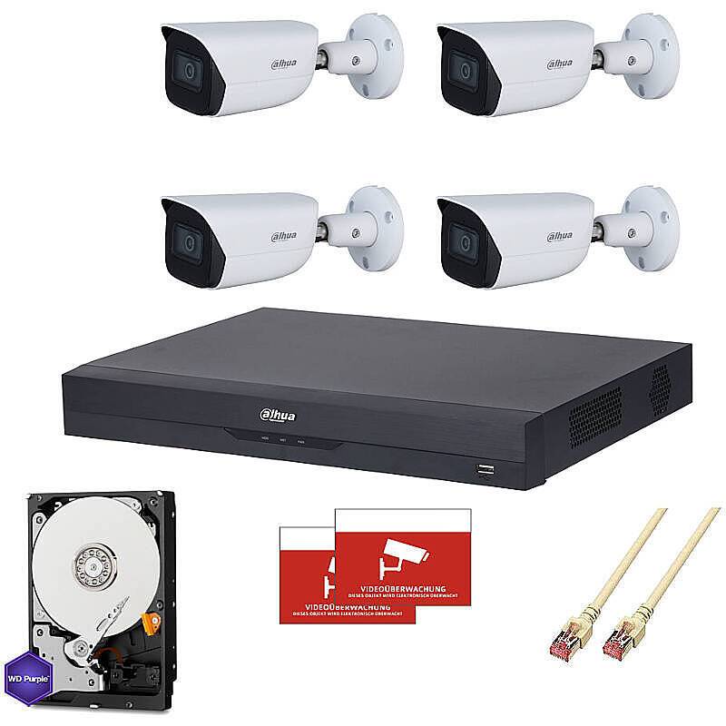 Dahua Set IP 4x Bullet 1080p PoE + 8-CH NVR, Set-Inhalt:2x Aufkleber, 4x Bullet Kamera, NVR Rekorder, 4 TB Festplatte,