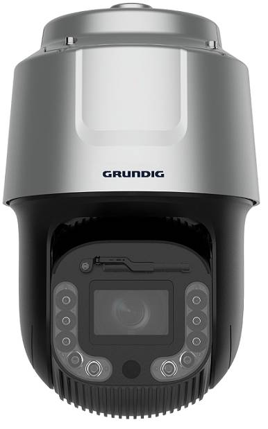 Eine kompakte silber-schwarze Grundig-Domensicherheitskamera mit sichtbarem Objektiv und Infrarot-LEDs, von vorne gezeigt.