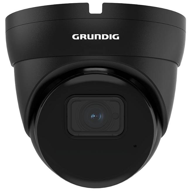 Schwarze Grundig-Kuppelsicherheitskamera mit zentriertem Objektiv auf weißem Hintergrund.