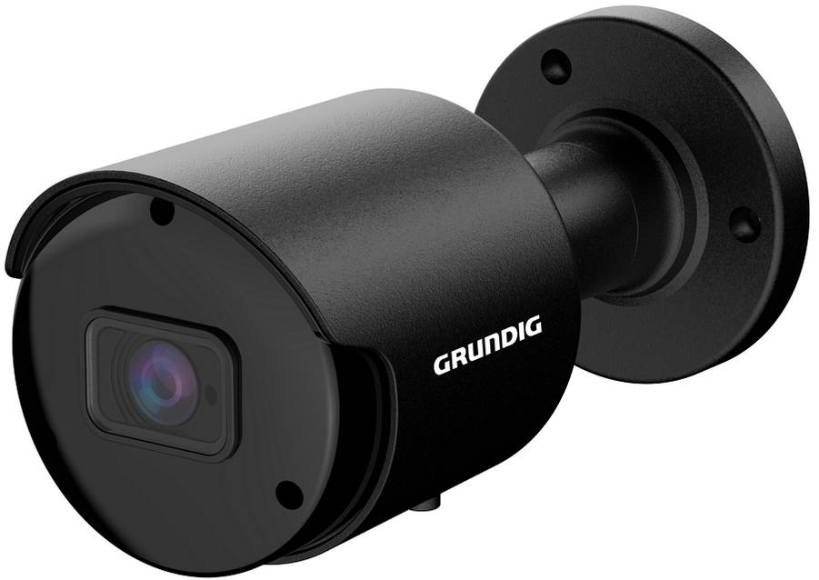 Schwarze Grundig-Sicherheitskamera mit zylindrischem Gehäuse und Wandmontageklammer, gezeigt auf weißem Hintergrund.