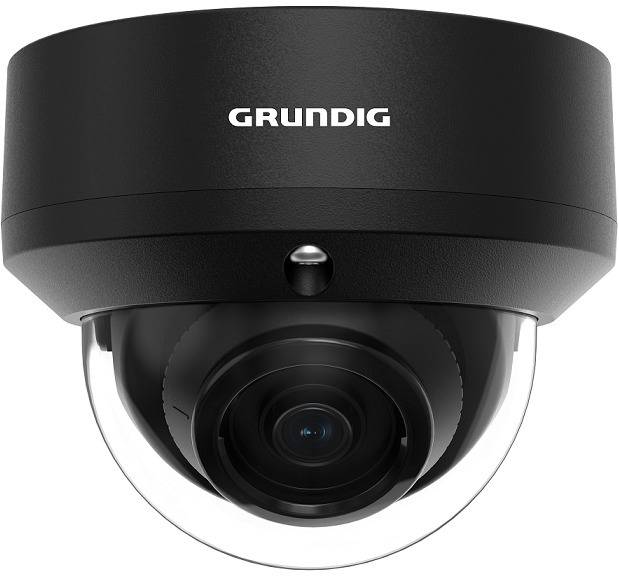 Eine schwarze Dome-Sicherheitskamera mit dem Markennamen 'Grundig', der auf der Oberseite gedruckt ist, mit einer durchsichtigen Schutzabdeckung über der Linse.