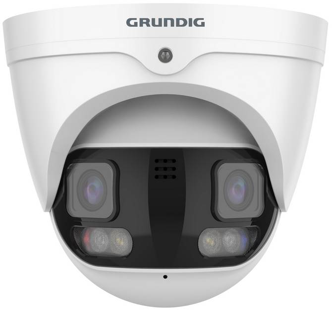 Weiße Grundig-Domenkamera für Sicherheit mit Doppellinsen und eingebauten Infrarotlichtern zur Überwachung.