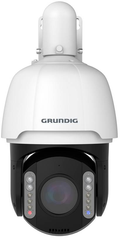 Eine weiße Grundig-Überwachungskamera mit schwarzer drehbarer Linsenkuppel und Infrarot-LED-Arrays auf beiden Seiten.