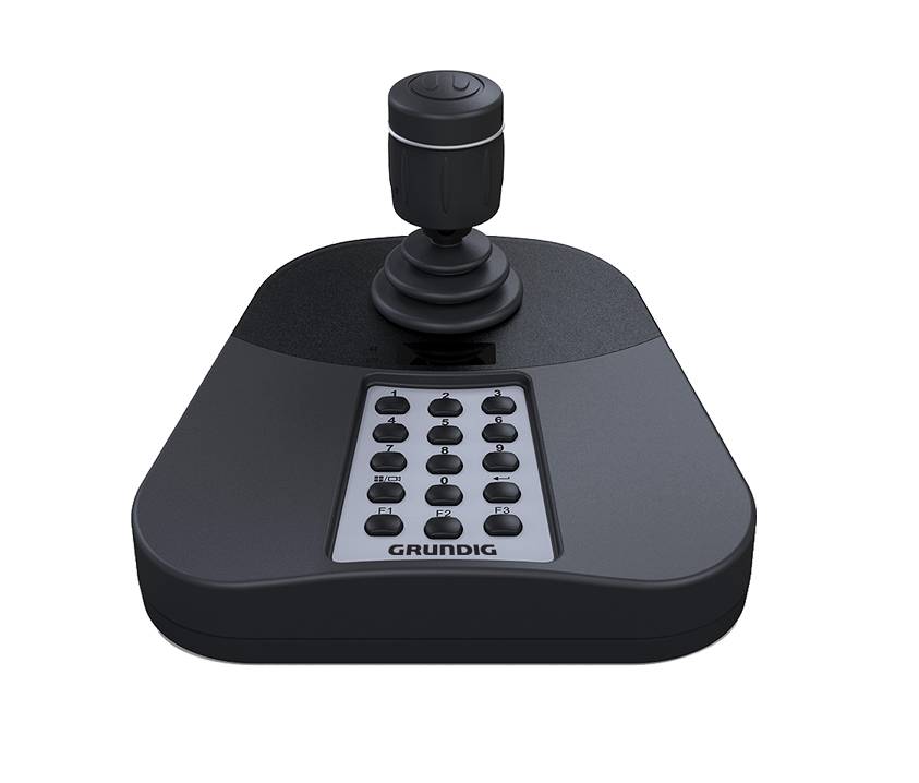 Schwarzer Grundig-Joystick-Controller mit einem zentralen Tastaturen-Tastenfeld auf einem Sockel, auf weißem Hintergrund dargestellt.