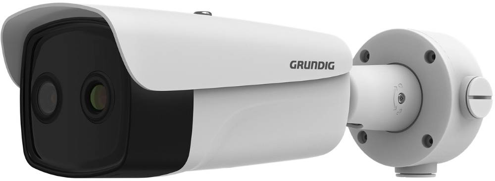 Eine weiße und schwarze GRUNDIG-Sicherheitskamera mit einer Halterung, gezeigt in der Seitenansicht.
