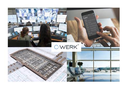 Collage mit CWERK: ein Betriebskontrollraum, eine Person, die eine Smartphone-App nutzt, ein architektonischer Grundriss und ein wartezimmerähnlicher Bereich im Flughafenstil.