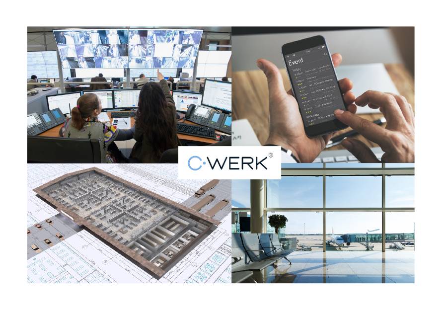 CWERK-Logo über einer Vier-Bilder-Collage: Sicherheitskontrollraum, Hände, die eine Telefon-App nutzen, Architekturpläne und ein Wartebereich eines Flughafenterminals.